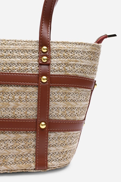 Alaia Small Raffia Bag with Studd Detail and Cross Body Strap in Tan - Image 3