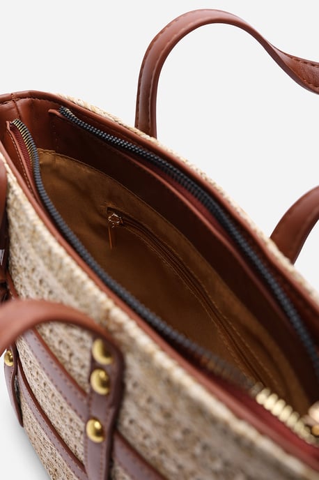 Alaia Small Raffia Bag with Studd Detail and Cross Body Strap in Tan - Image 4