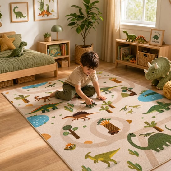 Muratap Kinderkleed dino vloerkleed kinderkamer anti-slip groen 95x145 cm - Image 4