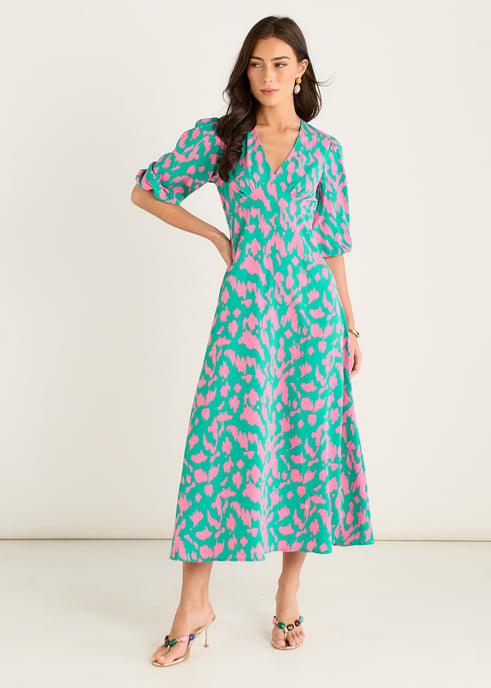 Groene midi-jurk met V-hals en dierenprint - Image 1