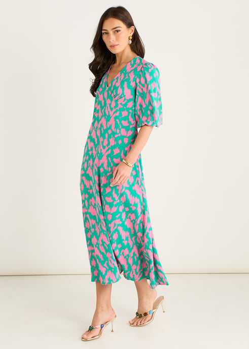 Groene midi-jurk met V-hals en dierenprint - Image 3