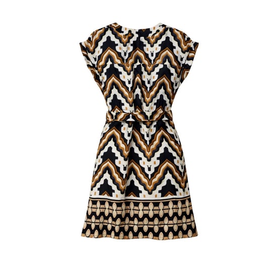 Smashed Lemon Jurk met abstracte zigzag print in bruin, zwart en crème met tailleceintuur | - Image 4