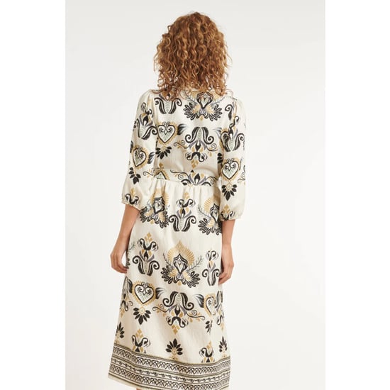 Smashed Lemon Crème midi jurk met ornament print en tailleceintuur | - Image 2
