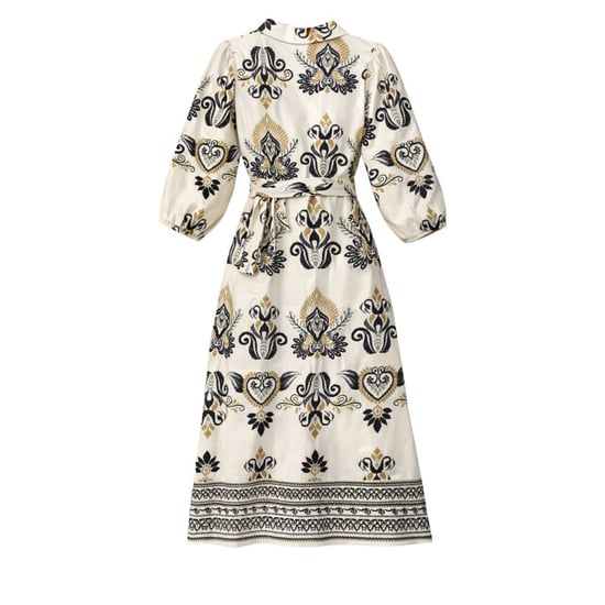 Smashed Lemon Crème midi jurk met ornament print en tailleceintuur | - Image 3