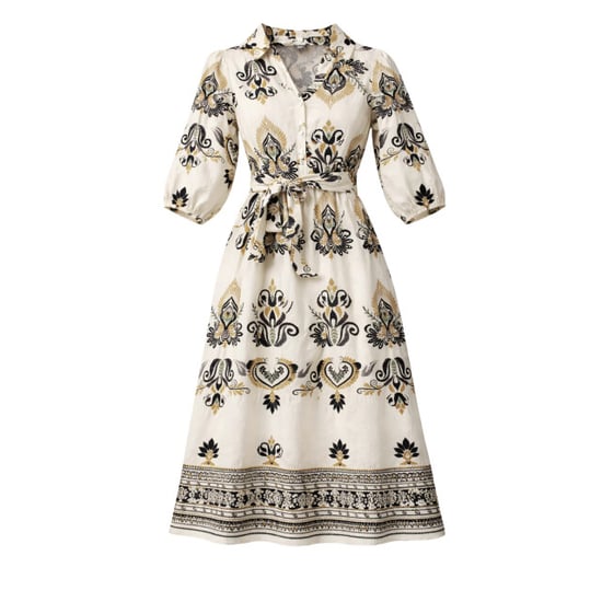 Smashed Lemon Crème midi jurk met ornament print en tailleceintuur | - Image 4