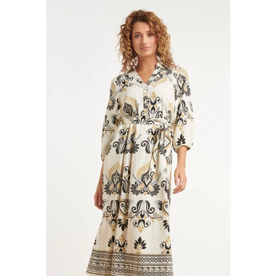 Smashed Lemon Crème midi jurk met ornament print en tailleceintuur | - Image 5