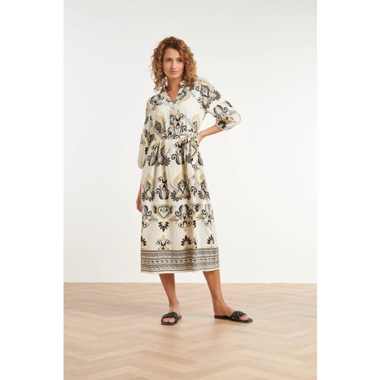 Smashed Lemon Crème midi jurk met ornament print en tailleceintuur | - Image 6
