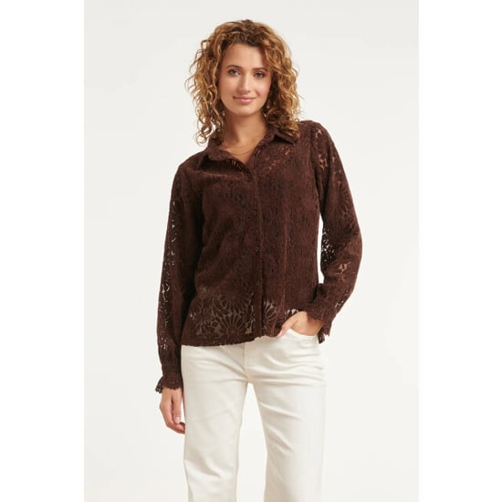 Smashed Lemon Bruine kant blouse met klassieke kraag | - Image 1