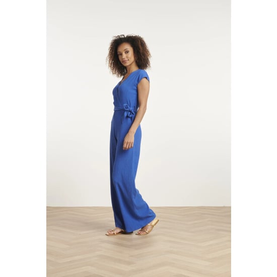 Smashed Lemon Blauwe jumpsuit met overslag v-hals en tailleceintuur | - Image 5