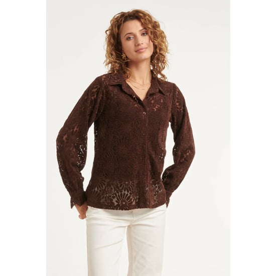 Smashed Lemon Bruine kant blouse met klassieke kraag | - Image 3