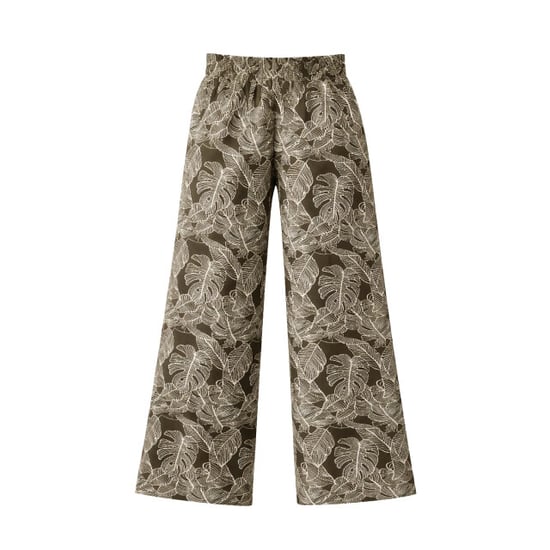 Smashed Lemon Olijfgroene broek met bladerenprint en wijde pijpen | - Image 2