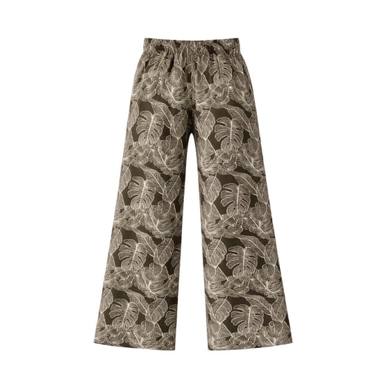 Smashed Lemon Olijfgroene broek met bladerenprint en wijde pijpen | - Image 6
