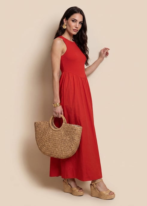 Red Ribbed Cotton Poplin Dress - Image 1