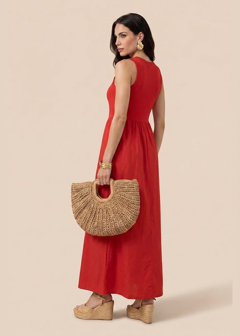 Red Ribbed Cotton Poplin Dress - Image 2