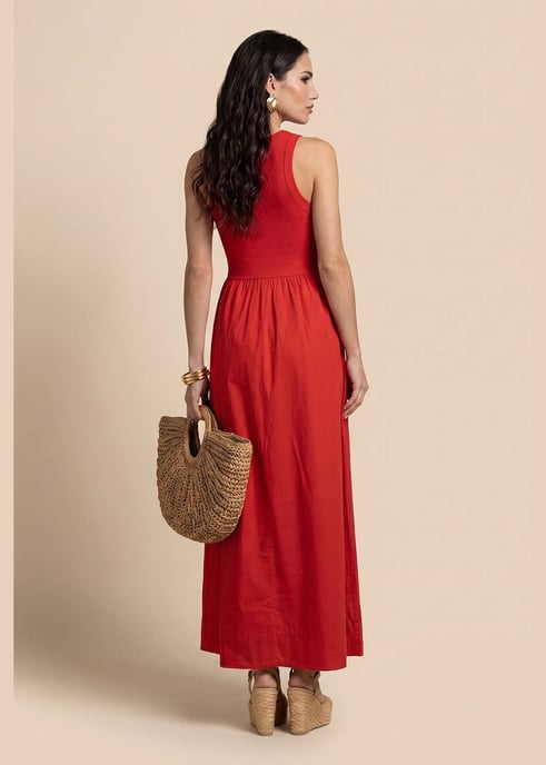 Red Ribbed Cotton Poplin Dress - Image 3