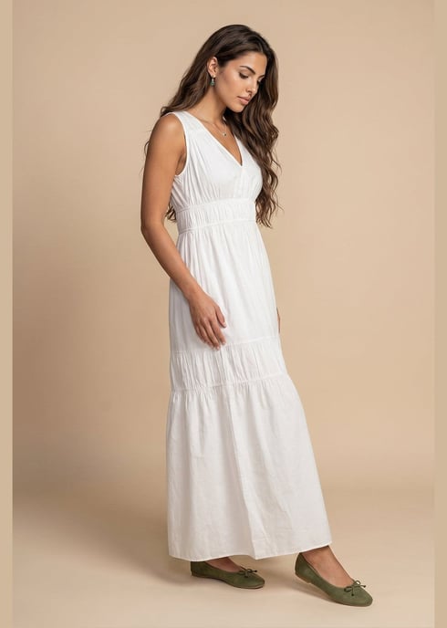 White Cotton Poplin Ruched Maxi Dress - Image 2