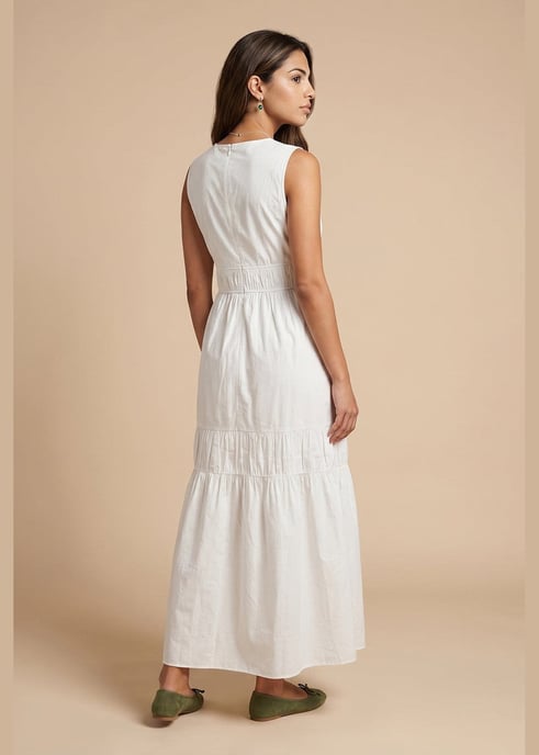 White Cotton Poplin Ruched Maxi Dress - Image 3