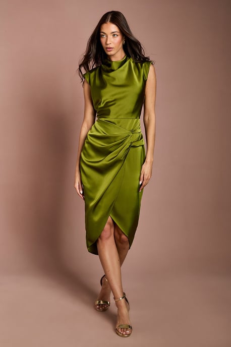 Satin Cowl Neck Ruched Detail Midi Dress - Image 1