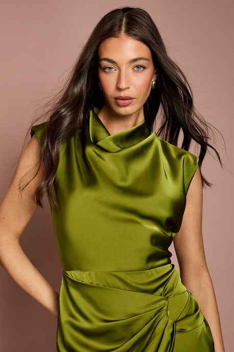 Satin Cowl Neck Ruched Detail Midi Dress - Image 4