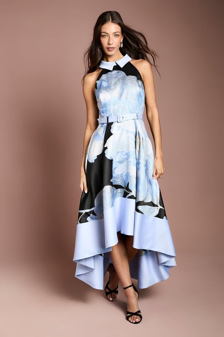Jacquard High Low Halter Neck Midi Dress - Image 1