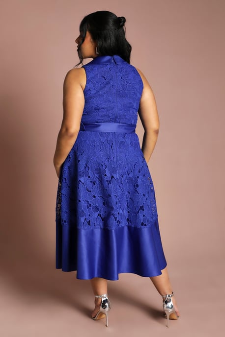 Plus Lace Sleeveless Satin Contrast Midi Skirt Dress - Image 3