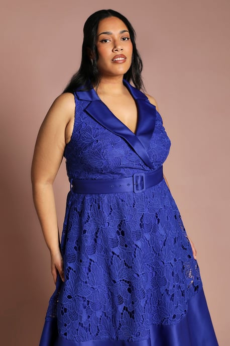 Plus Lace Sleeveless Satin Contrast Midi Skirt Dress - Image 4