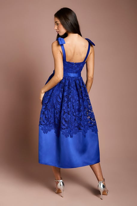 Bow Shoulder Square Neck Lace Midi Dress - Image 3