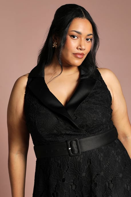 Plus Lace Sleeveless Satin Contrast Midi Skirt Dress - Image 2