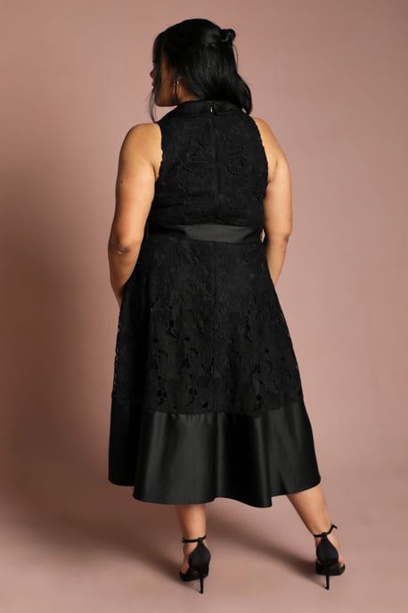 Plus Lace Sleeveless Satin Contrast Midi Skirt Dress - Image 3