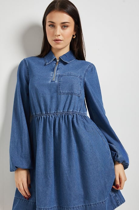 Zip Front Pocket Detail Long Sleeve Denim Mini Dress - Image 3