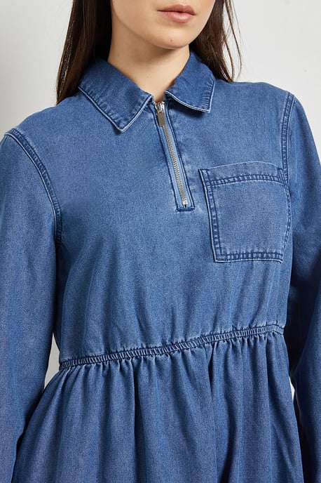 Zip Front Pocket Detail Long Sleeve Denim Mini Dress - Image 4