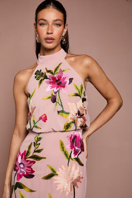 High Neck Midi Dress With Floral Embroidery - Image 2