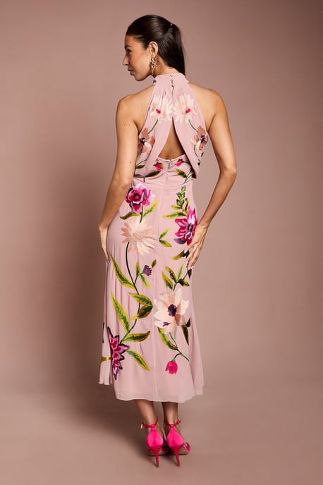 High Neck Midi Dress With Floral Embroidery - Image 3