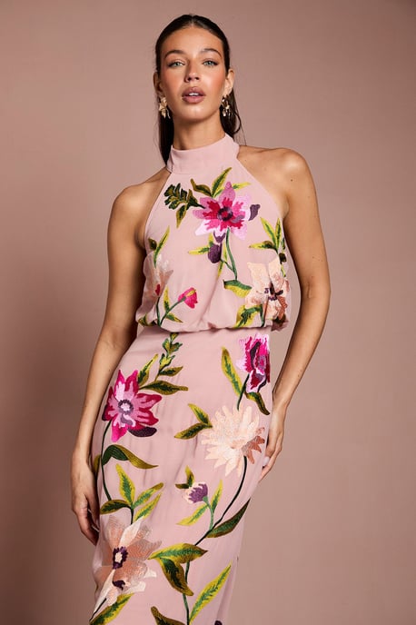 High Neck Midi Dress With Floral Embroidery - Image 4