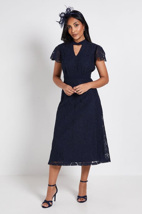 Petite Lace Tie Neck Midi Dress - Image 1