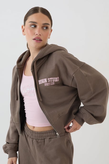 DSGN Studio Applique Boxy Crop Zip Through Hoodie - Image 1