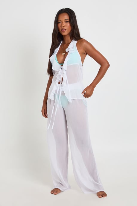 Ruffle Detail Halter Neck Tie Front Beach Top - Image 3