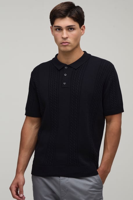 Regular Fit Cotton Blend Cable Knitted Polo - Image 1