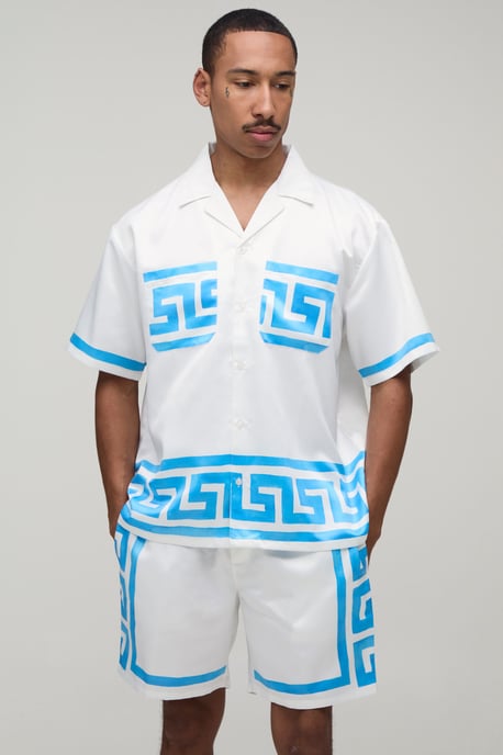 Oversized Short Sleeve Abstract Boarder Print Satin Shirt & Short Set - Image 1