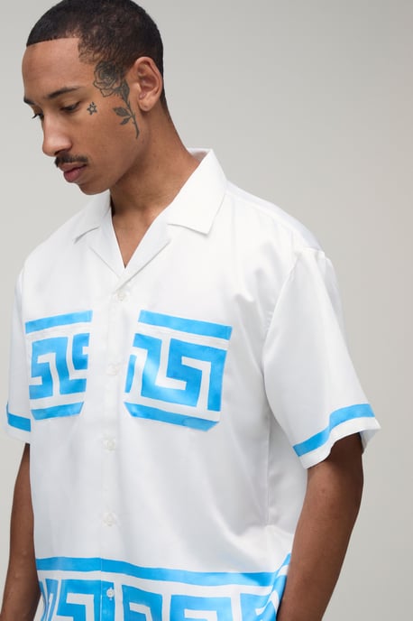 Oversized Short Sleeve Abstract Boarder Print Satin Shirt & Short Set - Image 3