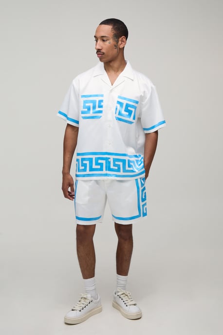 Oversized Short Sleeve Abstract Boarder Print Satin Shirt & Short Set - Image 4
