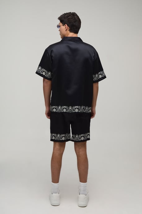 Oversized Short Sleeve Floral Boarder Print Satin Shirt & Short Set - Image 2