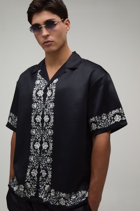 Oversized Short Sleeve Floral Boarder Print Satin Shirt & Short Set - Image 3