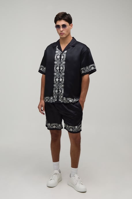 Oversized Short Sleeve Floral Boarder Print Satin Shirt & Short Set - Image 4