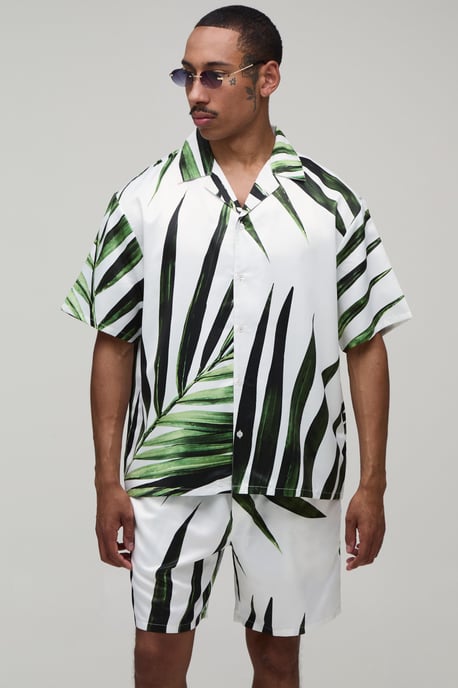 Oversized Short Sleeve Palm Print Satin Shirt & Short Set - Image 1