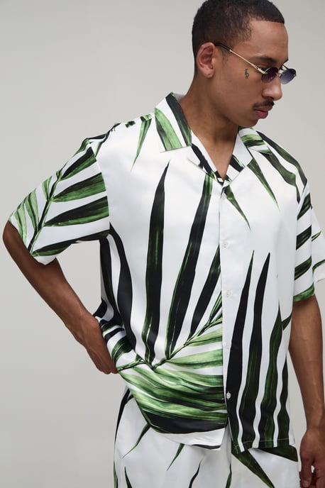 Oversized Short Sleeve Palm Print Satin Shirt & Short Set - Image 3