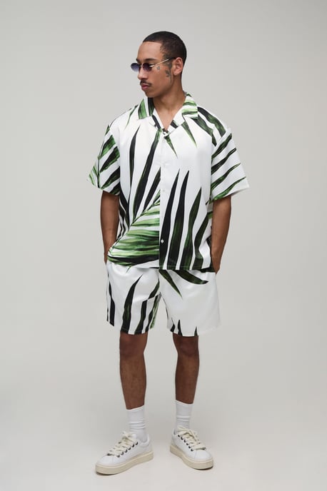 Oversized Short Sleeve Palm Print Satin Shirt & Short Set - Image 4