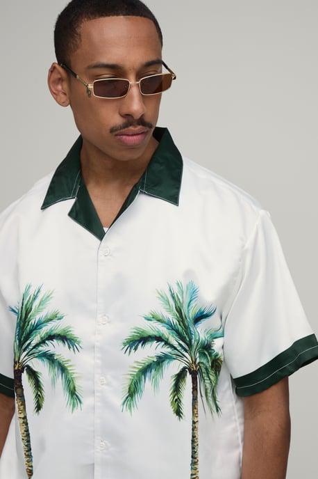 Oversized Half Sleeve Location Print Satin Shirt & Short Set - Image 2