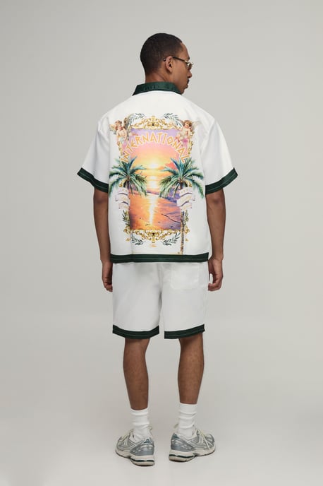 Oversized Half Sleeve Location Print Satin Shirt & Short Set - Image 3