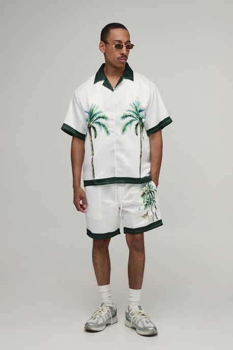Oversized Half Sleeve Location Print Satin Shirt & Short Set - Image 4